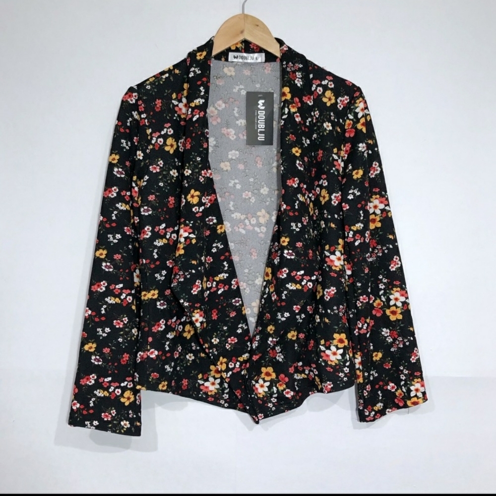 DOUBLJU Black Floral Drape Front Cardigan L